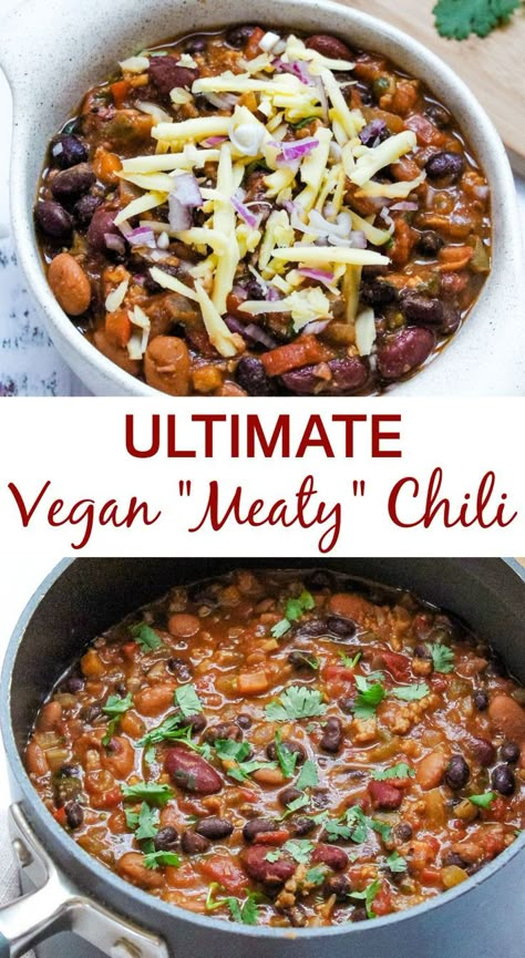 This is the best vegan chili I've ever made! It's an easy main course recipe, made with simple pantry ingredients, and tastes perfectly "meaty" without any meat—plus, it's gluten-free and soy-free. Ultimate Vegan Chili, Vegan Gluten Free Chili Recipe, Chili Vegan Recipe, Crockpot Vegan Chili, Easy Vegan Chili Recipe, Vegan Gluten Free Crockpot Recipes, Best Vegan Chili Recipe, Chili Recipe No Tomatoes, Plant Based Chili Recipe