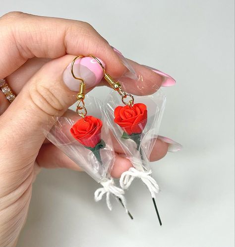 Polymer clay rose earrings Polymer Clay Valentines Day, Polymer Clay Valentines, Valentine Craft Decorations, Polymer Clay Rose, Valentines Day Earrings, Clay Rose, Valentines Earrings, Polymer Clay Jewelry Diy, Cute Polymer Clay