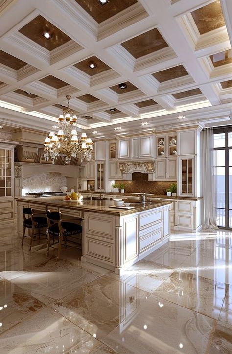 Cafehailee Lori Morris, Mansion Kitchen, Fancy Kitchen, Mediterranean Kitchen Design, Glamorous Kitchen, Marble Flooring Design, Luxury Mansions Interior, Fancy Kitchens, Modern Kitchen Cabinet Design