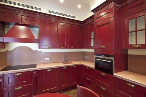 Here's an example of red wood kitchen cabinets in a kitchen. Red Kitchen Cabinets, Red Interior Design, Austin Interior Design, Kitchen Cabinets Pictures, Red Cabinets, Bold Kitchen, Wood Kitchen Cabinets, Kitchen Cabinet Doors, Kitchen Cabinet Colors