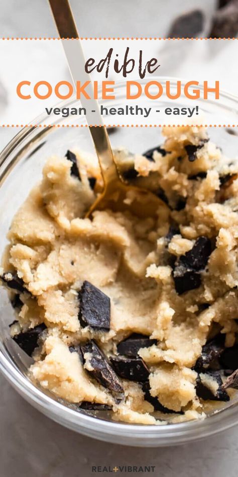 Enjoy this edible cookie dough recipe by the spoon! It’s simply delicious and made with a handful of whole ingredients, including almond flour and maple syrup. It’s taste, so easy to make, and comes together in minutes! Healthy, vegan, gluten-free, paleo! | realandvibrant.com #realandvibrant #ediblecookiedough #cookiedough #paleocookiedough Cookie Dough Vegan, Paleo Cookie Dough, Low Carb Cookie Dough, Chocolate Covered Banana Bites, Gf Snacks, Gluten Free Cookie Dough, Edible Cookie Dough Recipe, No Bake Cookie Dough, Protein Cookie Dough