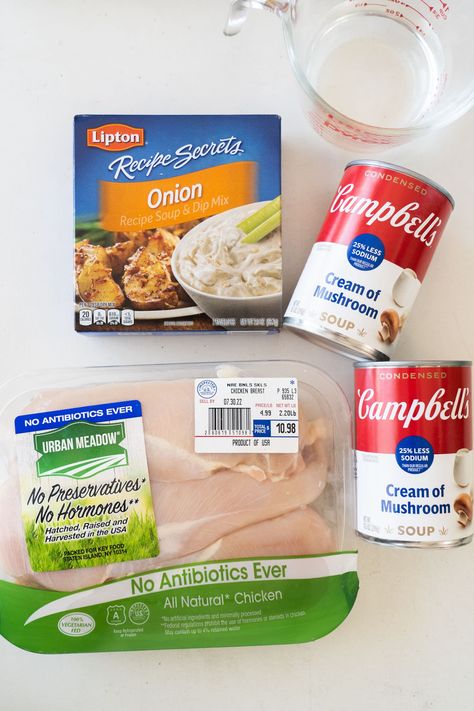 Chicken Campbells Soup Recipes, Chicken Cream Of Mushroom Soup, Chicken Onion Soup Mix Recipe, Chicken With Cream Of Mushroom, Mushroom Soup Crockpot, Chicken Cream Of Mushroom, Soup Onion, Crockpot Chicken Recipe, Onion Soup Mix Recipe