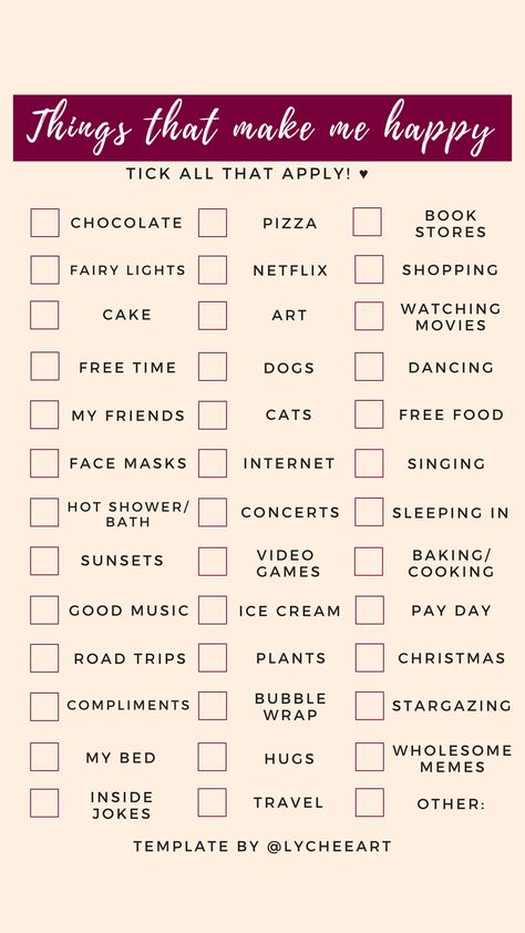 things that make me happy - for more story templates head to @lycheeart on instagram ♥️ Snapchat Question Game, Chocolate Pizza, Instagram Story Questions, Instagram Questions, Bingo Template, Instagram Challenge, What To Do When Bored, Friend Challenges, Fun Questions To Ask