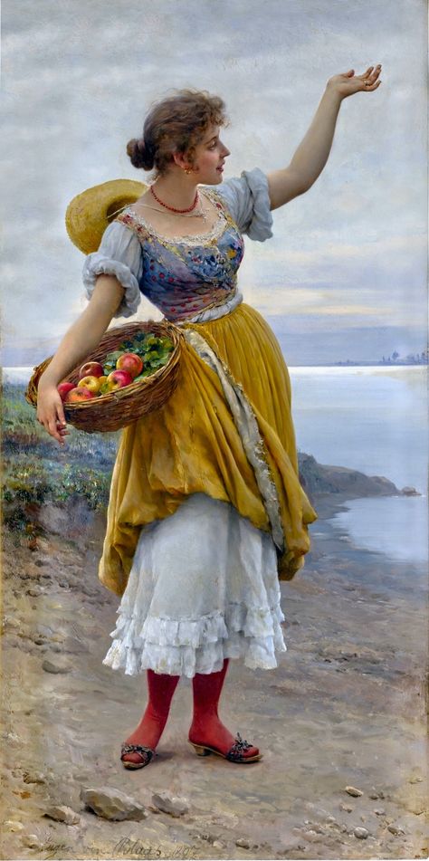 Eugène de Blaas (Italian painter) 1843 - 1932 Woman with a Basket of Fruit, 1897 oil on panel 79.5 x 39.5 cm. (31.25 x 15.5 in.) signed and dated Eugen von Blaas 1897 European Paintings Women, Old Paintings Of Women, Eugene De Blaas, Basket Of Fruit, Independent Study, Study Project, Victorian Paintings, Funny Paintings, Oil Painting Tutorial