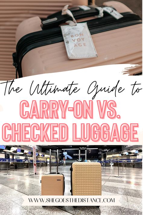 Luggage is an essential companion on any trip, but what exactly are the differences, pros, and cons between a carry-on vs. checked bag and how do you know which suitcase is best for travel? This guide does an in-depth comparison and offers helpful luggage travel tips so you can fly easier and stress-free! Carry On Vs Checked Bag, Carry On Bag Size, Airplane Tips, Check In Luggage, Carryon Suitcase, Carryon Luggage, Carryon Bag, Suitcase Sizes, Efficient Packing