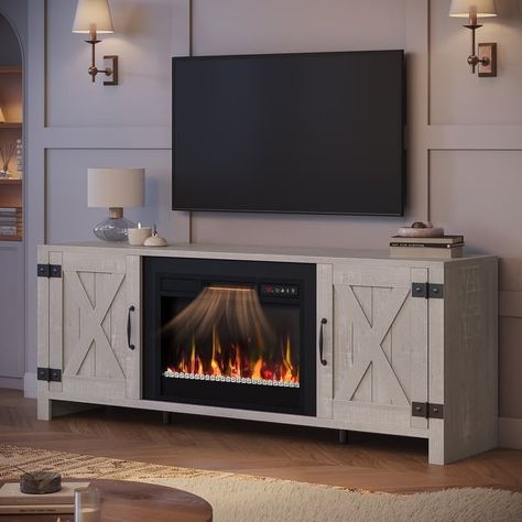 63'' Fireplace TV Stand with Electric Fireplace Heater & Storage Cabinet for TVs up to 70 Inch - Bed Bath & Beyond - 40954952 Electronic Fireplace, Tv Stand With Electric Fireplace, Freestanding Electric Fireplace, Flame Colors, Electric Fireplace Heater, Electric Fireplace Tv Stand, Barn Door Designs, Fireplace Heater, Farmhouse Fireplace