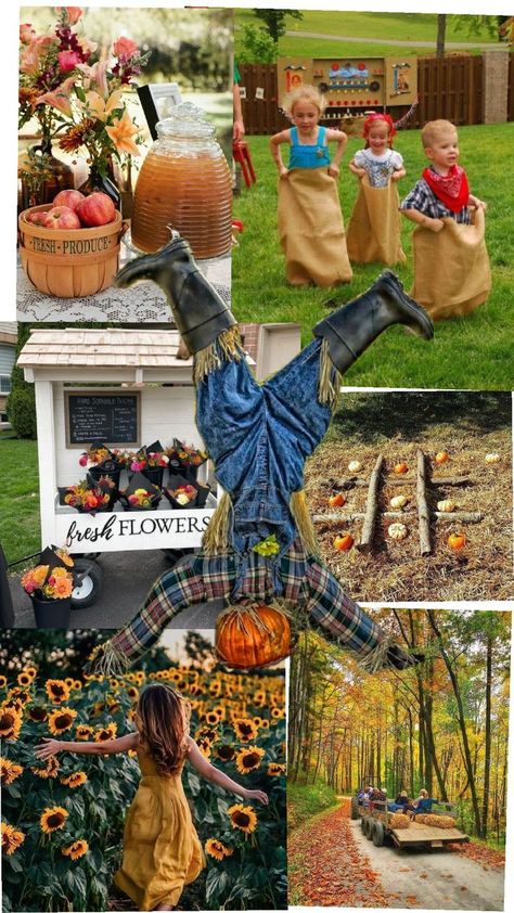 Apple cider bar, scarecrow doing a handstand, potato sack races, lawn games with pumpkins, fall bouquets for sale, sunflower field, hay rides Harvest Festivals, Harvest Celebration, Trunk Or Treat, Harvest Festival, Festival Vibes, Fall Harvest, Small Town, Fresh Flowers, Small Towns