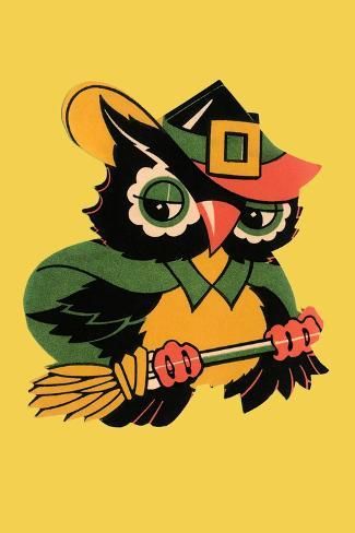 size: 18x12in Art Print: Wizard Owl on Broomstick : Cardboard Decorations, Vintage Halloween Images, Boho Halloween, Halloween Arts And Crafts, Halloween Owl, The Rocky Horror Picture Show, Halloween Wall Art, Halloween Illustration, Halloween Vintage