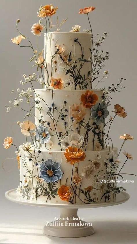 Perfect for a rustic wedding, this cake is adorned with wildflowers that give it a charming, countryside feel. #RusticWedding #WildflowerCake 🌼🏞️ Big Wedding Cakes With Flowers, Antique Cake Design, Vintage Wedding Cake With Flowers, Cake Trends 2024, Earthy Wedding Cake, Wildflower Cakes, Wildflower Wedding Cake, Wedding Cake 2 Tier, Wildflower Cake