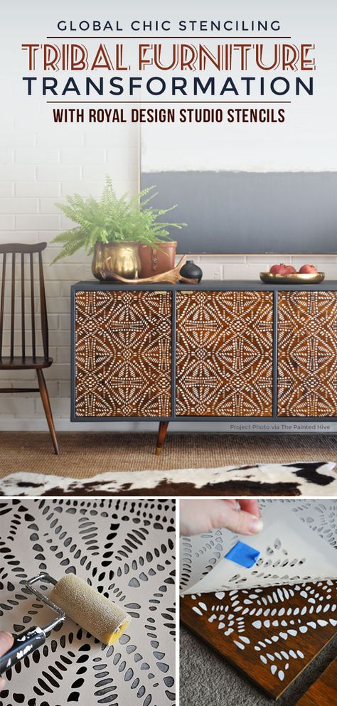 This gorgeous upcycle transformation features a wood cabinet that has repurposed and stenciled doors. See more of the furniture makeover using tribal stencils. Stenciled Doors, Wooden Cupboard, Stencil Furniture, Royal Design, Refurbished Furniture, Wooden Cabinets, Furniture Storage, Furniture Restoration, Furniture Makeover Diy