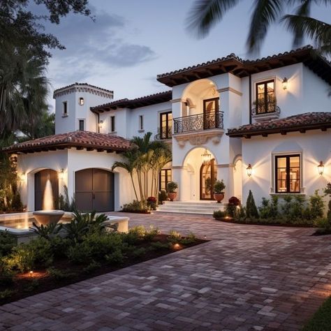 Mediterranean Hacienda Style Homes, One Floor Mediterranean House, Mediterranean Home Modern, Medditeranean Villa, Spanish Type House, Tuscan Mediterranean Homes, Modern Desert House Exterior, Medditeranean House Exterior, Medatrainian House