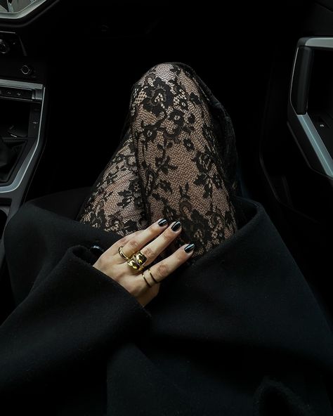 I don’t need flowers I need lace tights+bag: @nakdfashion coat+shoes+sunnies: @hm #elegantoutfit #styledujours #lookdujourbonjour #modeblog #classyoutfits #allblackoutfits #lacetights #effortlesslychic Flower Tights Outfit, Lace Tights Outfits, Leather And Lace Aesthetic, Lace Tights Aesthetic, Black Lace Tights Outfit, Lace Winter Outfit, Lace Outfit Aesthetic, Black Bag Aesthetic, Tights Winter Outfit