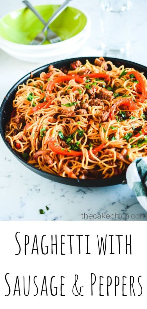 Spaghetti With Sausage And Peppers, Sausage And Peppers Spaghetti, Spaghetti With Bell Peppers, Spaghetti Sausage, Spaghetti With Sausage, Sauteed Green Peppers, Sausage And Peppers Recipe, Sunday Meals, Sausage Peppers And Onions