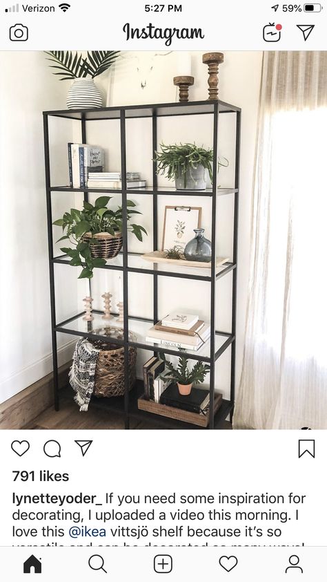 Black Glass Shelf Decor, Vittsjo Shelves Living Room, Ikea Glass Bookshelf, Ikea Vittsjo Shelves Styling, Vittsjo Plant Shelf, Plants Decor, Ikea Glass Plant Cabinet, Ikea Glass Shelves Plants, Shelf Decor Living Room