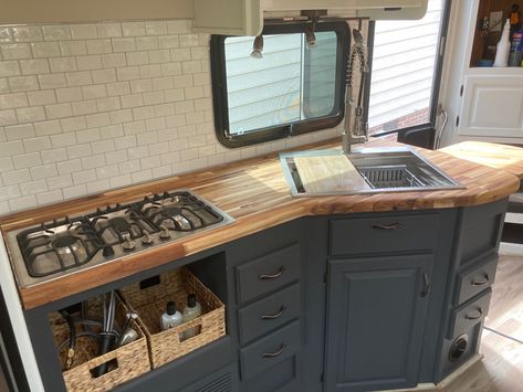 Rv Cabinets Remodel, Trailer Remodel Single Wide, Rv Kitchen Remodel, Rv Cabinets, Kitchen Surface, Curved Kitchen, Rv Interior Remodel, Rv Kitchen, Camper Trailer Remodel