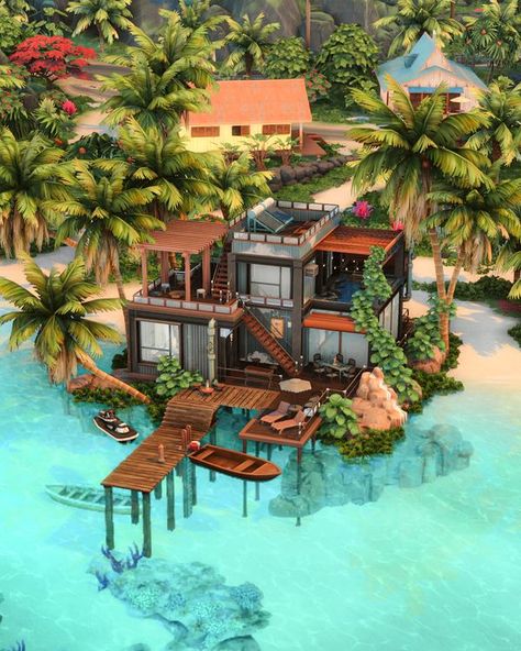 The Sims 4 | I built a container house on the beach 🌴  | Facebook Sims 4 Island Living House, Sims 4 Island Living, Sims 4 Beach House, House On The Beach, Sims 4 Kitchen, Sims 4 House Building, Sims 4 House Design, Casas The Sims 4, Sims House Design