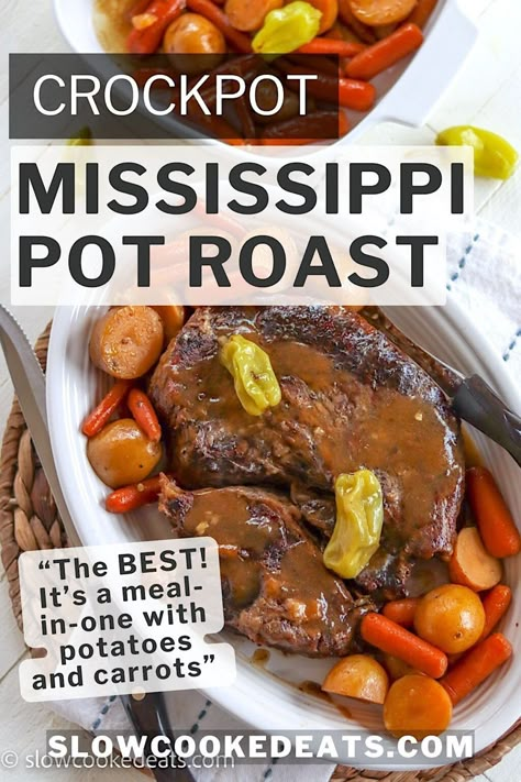 Easy Crock Pot Mississippi Pot Roast with Potatoes and Carrots Mississippi Pot Roast No Butter, Mississippi Roast With Vegetables, Chuck Roast With Pepperoncini Crock Pot, Crockpot Picnic Roast, Mississippi Mud Roast Crock Pot, Pot Roast With Ranch Dressing Packet, Mississippi Pot Roast Sides, Mississippi Pot Roast With Veggies, Mississippi Pot Roast With Potatoes