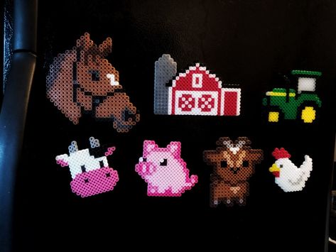 Our farm theme perler magnets!! 🐄🐖🐎🐐🐓🚜 Farm Perler Beads, Cow Melty Beads, Perler Bead Farm Animals, Farm Animal Perler Bead Patterns, Goat Perler Bead, Perler Bead Cow, Cow Perler Bead Patterns, Chicken Perler Beads, Perler Magnets