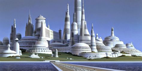 Concept art by Ralph McQuarrie for Leia’s home planet, Alderaan. 70s Sci Fi Art, Ralph Mcquarrie, Sci Fi City, Star Wars Concept Art, Fantasy City, Futuristic City, Science Fiction Art, Future City, Futuristic Architecture