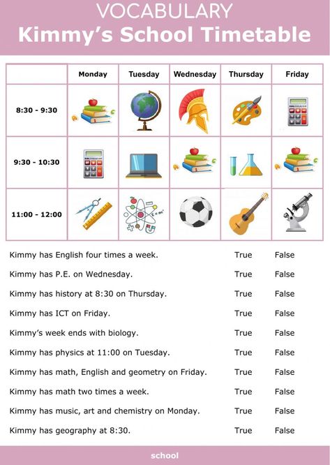 Vocabulary Worksheets Elementary, Subject Worksheet, Teaching Sentences, Selective Mutism, School Timetable, To Learn English, English File, Learning English For Kids, 2nd Grade Worksheets