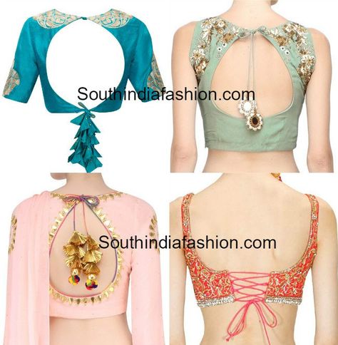 Take a look at these statement blouse back neck designs and different styles of the trendy tassels. Blouse Back Neck, Blouse Designs High Neck, Blouse Designs Catalogue, Backless Blouse Designs, Statement Blouse, Lehenga Blouse Designs, Blouse Back Neck Designs, Blouse Back, Sari Blouse Designs