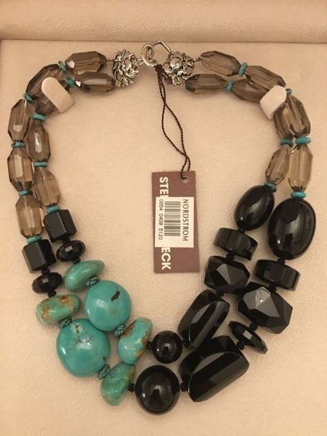 Stephen Dweck, Long Beaded Necklace, Chunky Jewelry, Black Agate, Diy Schmuck, Statement Necklaces, White Beads, Turquoise Beads, Smoky Quartz