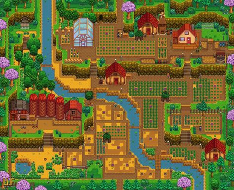 Hillside Farms, Stardew Farms, Stardew Valley Layout, Stardew Valley Tips, Stardew Valley Farms, Top Farm, Farm Plans, Farm Layout, Forest Hill