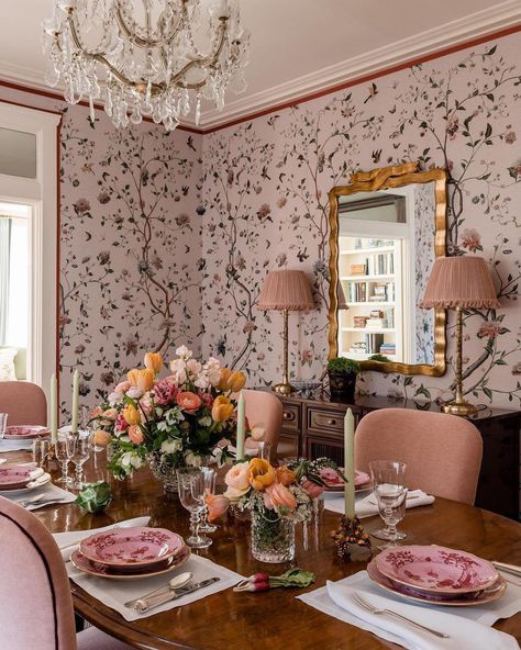 The blushing shades of spring. A delicate pink dining dream created by @mareaclarkinteriors as featured via @housebeautiful is inspiring the new season. Photography by @stephaniecrusso. Story by @nathalie.kirby. See more from the story at our LikeShop link in bio. Light Pink Dining Room, Barbie Bouquet, Pink Dining Room, House Dubai, Timeless Dining Room, Pink Dining Chairs, Pink Dining Rooms, Pink Building, Pink Furniture