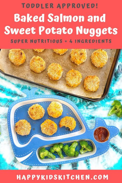 Toddlers and kids will love this nutritious finger food! Baked Salmon and Sweet Potato Nuggets are only 4 ingredients. Can be made egg-free and gluten-free too. #toddlerfood #nuggets #salmonrecipes #healthykidsfood Sweet Potato Kids Recipes, Salmon Sweet Potato Cakes, Lunch Ideas For Babies, Sweet Potato Nuggets, Salmon Recipe For Kids, Simple Toddler Meals, Salmon Nuggets, Potato Nuggets, Gluten Free Salmon