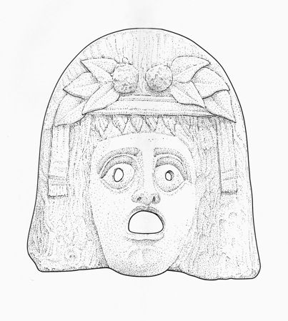 Mask of Dionysus, found in Myrina (now in Turkey). Terracotta. 2nd–1st centuries BCE. Paris. Musée du Louvre. Department of Greek, Etruscan and Roman Antiquities (Myr. 347). Line drawing by Valerie Woelfel. Greek Tragedy, Ancient World, Line Drawing, Louvre, Mask, Paris