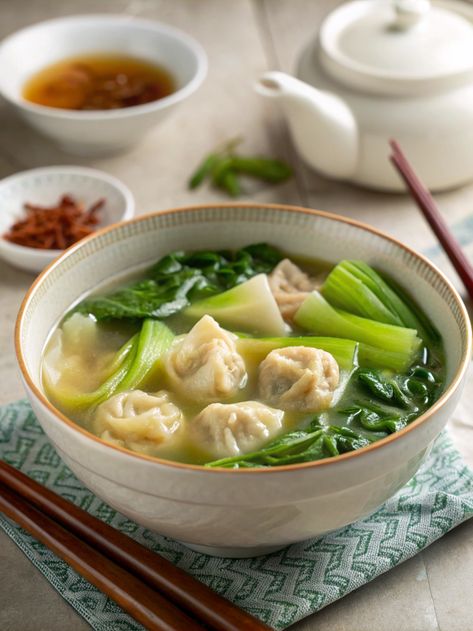 Wonton Soup	 Wonton Soup is a Chinese classic. Ingredients:  1. Wontons (pork or shrimp) 2. Chicken broth 3. Green onions 4. Bok choy. . #5dishchallenge #icancookchallenge #recipes #food #salad #soup #delicious #vegetables #cooking #pasta #foodie #yummy #healthyfood #foodporn #cooking Soup Wonton, Chinese Vegetable Soup, Pho Soup Recipe, Chicken Vegetable Soup Recipes, Chicken Vegetable Soup, Healing Soup, Soup Recipes Healthy, Pho Soup, Vegetarian Soups