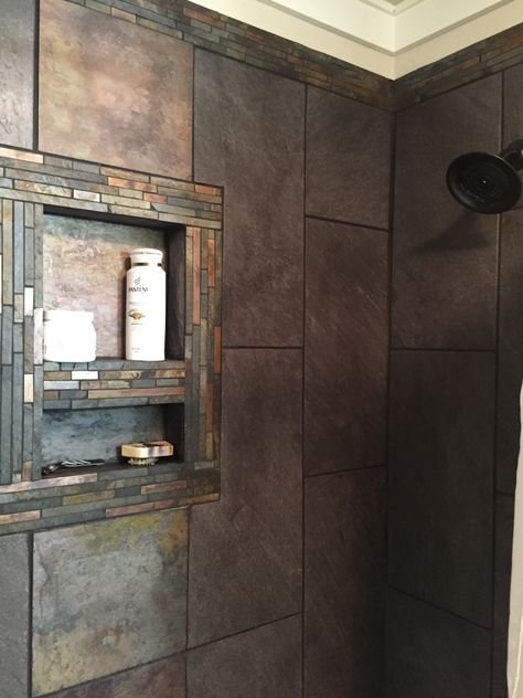 Shower tile. Rustic slate accents with large gray tiles Slate Shower Ideas, Bathroom Slate Tile, Rustic Bathroom Tile Ideas, Slate Tile Bathroom, Smurfs House, Grey Slate Bathroom, Brown Tile Shower, Slate Shower Tile, Southwest Bathroom