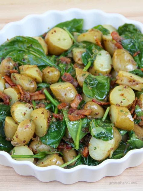 Warm Spinach Potato Salad with Bacon Vinaigrette | Great Eight Friends Salad Images, Potato Salad With Bacon, Spinach Potato, Bacon Vinaigrette, Perfect Salad, Bacon Potato Salad, Bacon Potato, Warm Salad, Vinaigrette Recipes