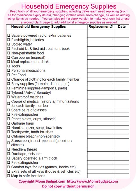 Household Emergency Supplies Worksheet - Free Printable Worksheet from MomsBudget.com Emergency Preparedness Checklist, Emergency Checklist, Family Emergency Binder, Emergency Binder, Emergency Prepardness, Emergency Preparedness Kit, Family Emergency, Emergency Preparation, Home Management Binder