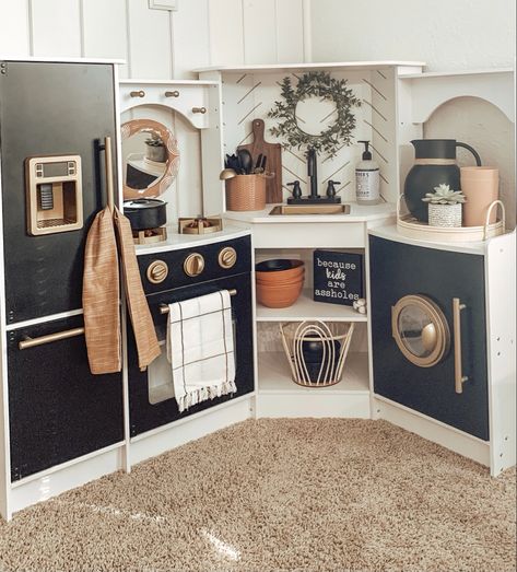 A little work and some spray paint and made this basic corner kitchen into my dream kitchen. A lot cheaper than a real kitchen makeover 🤣 & my girls absolutely LOVE it! #kidkraft #playkitchenmakeover #diyproject #playroom #modern #boho #modernboho #playroomgoals #target #amazon #targethomedecor #toddlerlife #stayathomemom #diyprojectideas Kidkraft Kitchen Makeover, Kidkraft Kitchen, Play Phone, Curtains White, Diy Playroom, Toddler Kitchen, Baby Playroom, Target Bullseye, Wooden Play Kitchen