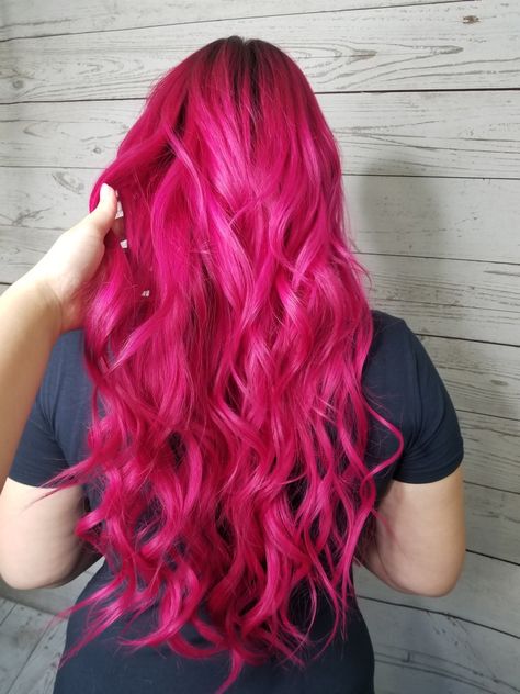 Neon pink hair Neon Pink Ombre Hair, Hot Pink Hair With Dark Roots, Neon Pink Hair Color, Fuschia Hair, Neon Pink Hair, Pink Balayage, Pink Hair Ideas, Bright Pink Hair, Pink Hair Color