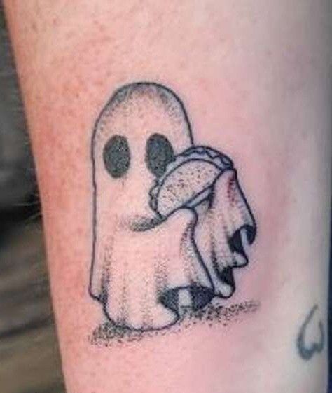 Tiny Ghost Tattoo Matching, Matching Ghosts Tattoos, Ghost Holding Taco Tattoo, Ghost With Coffee Tattoo, Mini Ghost Tattoo, Ghost Doing Things Tattoo, Ghost Drinking Coffee Tattoo, Mini Tattoos, Tattoos And Piercings