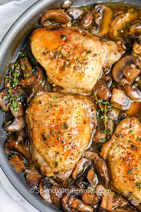 Chicken Thighs With Mushrooms, Dutch Oven Chicken Thighs, Braised Chicken Recipes, Braising Recipes, Chicken Thighs Mushrooms, Dutch Oven Chicken, Braised Chicken Thighs, Roasted Chicken Thighs, Oven Chicken