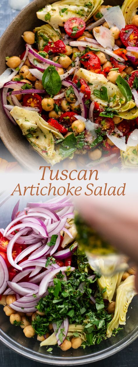 A long pin with two images, the top image is a close up of artichokes and chopped vegetables in a salad bowl. Below is an image of chopped vegetables in a bowl with a hand pouring herb dressing over top. In the center of the two images are the word "Tuscan Artichoke Salad" Artichoke And Garbanzo Beans, Vegan Artichoke Salad, Tuscan Artichoke Salad, Cucumber Artichoke Salad, Italian Artichoke Salad, Vegan Side Salad, Vegan Italian Salad, Tomato Artichoke Salad, Vegan Artichoke Recipes