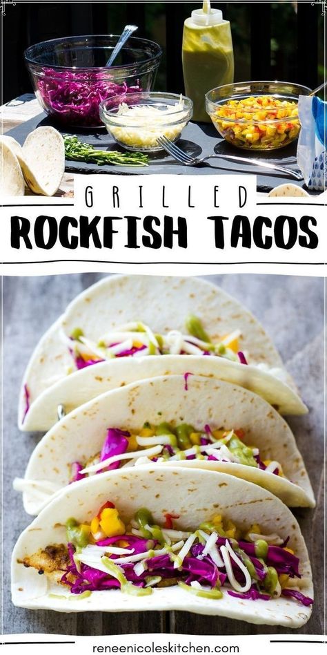 This summer, elevate your grilling game with our Rockfish Tacos Recipe. Packed with the goodness of avocado dressing, crunchy slaw, and succulent grilled rockfish, these tacos are the real deal for any food lover. Ideal for serving at your next party or snack time, they embody the essence of seafood recipes and healthy recipes. Arrange a taco bar and enjoy these delightful tacos with friends and family. It's not just food; it's an experience. Ready to serve up something deliciously different? Rockfish Tacos Recipe, Rockfish Tacos, Pickled Slaw, Summer Grill Party, Yummy Lunch Recipes, Grilled Taco, Homemade Appetizer, Quick Pickled, Avocado Dressing