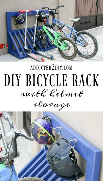 Simple DIY Kid's Bicycle Rack with Helmet Storage - Addicted 2 DIY Kids Bike Storage Garage, Kids Bike Storage, Rack Velo, Garage Velo, Diy Bicycle, Diy Bike Rack, Bike Rack Garage, Casa Garage, Helmet Storage