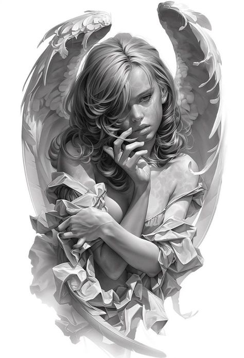 Against All Odds Tattoo Design, Female Angel Tattoo Design, Female Angel Tattoo, Realistic Angel, Angel Sculpture Art, Mexican Art Tattoos, Cool Tattoo Drawings, Girl Face Tattoo, Realistic Tattoo Sleeve