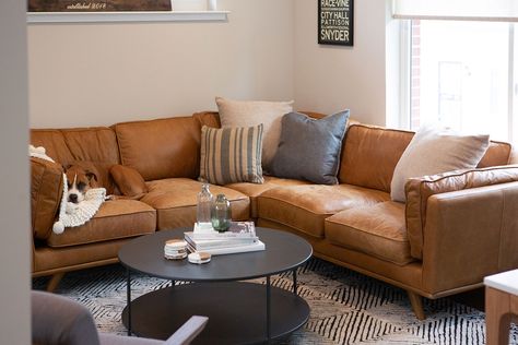 Living Room Sectional Leather Corner Couch Living Room, Tan Leather Corner Sofa Living Room, Tan Corner Sofa, Leather Corner Sofa Living Room, Kensington Townhouse, Tan Leather Sofas, Leather Couches Living Room, Brown Couch Living Room, Brown Sectional