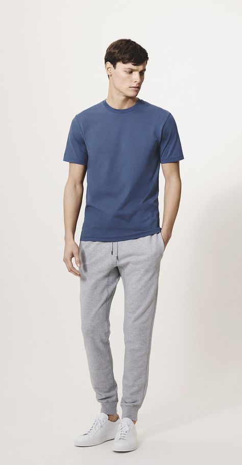 håndværk | Perfect Basics. | R62 Crew Neck T Shirt + French Terry Loopback Sweatpants Tshirt And Joggers Outfits Men, Men Lounge Outfit, Mens Sweatpants Outfit Casual, Jogger Outfit Men, Basic Outfits Men, Men Sweatpants Outfit, Solid Tshirts, Sweatpants Outfit Men, Leather Sneakers Outfit