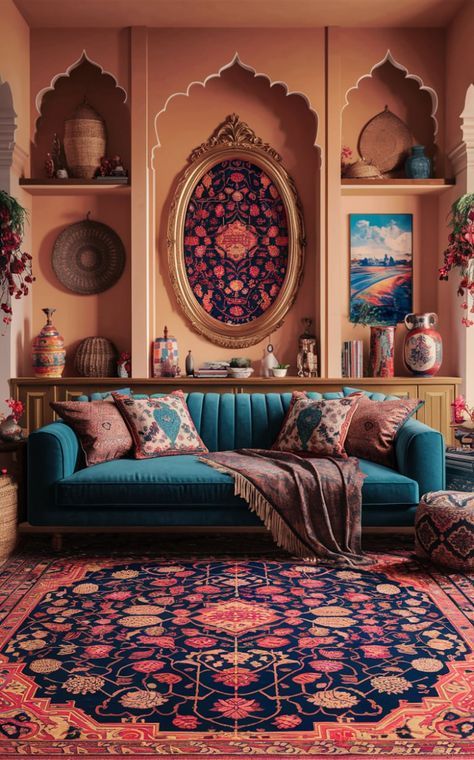 Indian Aesthetic Living Room, Traditional Living Room Decor Ideas Indian, Indian Interior Decor, Indian Inspired Decor Living Rooms, Indian Decor Living Room, Modern Traditional Living Room Decor, Modern Indian Decor, Indian Style Home Decor, Easy Living Room Decor