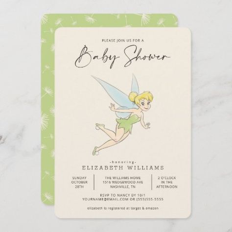 Tinkerbell Invitations, Baby Shower Green, Baby Shower Gift Favors, Unique Baby Shower Themes, Tinkerbell Fairy, Tinkerbell Party, Baby Sprinkle Invitations, Disney Baby Shower, Sprinkle Invitations