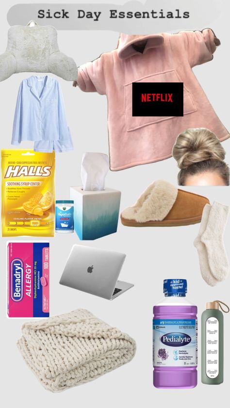 Sick Day Must Haves, Comfort Items When Sick, Sick Day Self Care, Preppy Sick Day Routine, Sick Routine, Sick Day Essentials For Her, Sick Day Essentials, Sick Day Outfit, Comfy Outfits Winter