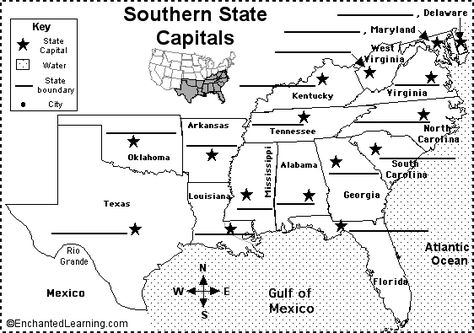 Label Southern US State Capitals Printout - EnchantedLearning.com Homeschool Notebooking, 8th Grade History, Geography Activities, 4th Grade Social Studies, American History Lessons, States And Capitals, Teaching Geography, 5th Grade Social Studies, Homeschool Geography