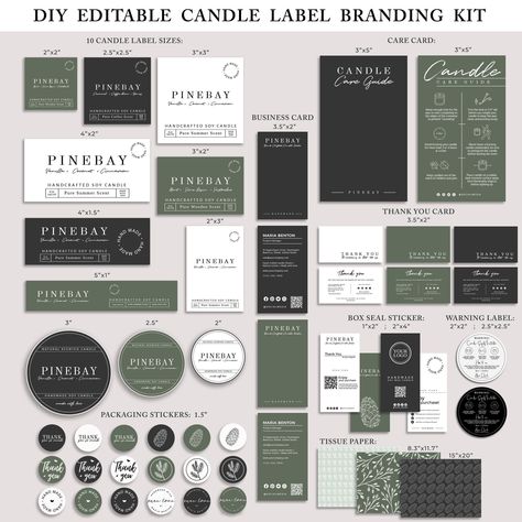 "FIND MORE BRANDING KITS HERE: https://www.etsy.com/shop/PineBayStudio?ref=seller-platform-mcnav&section_id=39615810 Editable Candle Business Branding Kit, Candle Branding Bundle, DIY Candle Template Package, Candle Business Kit, Candle Making Starter Kit If you have idea to make your own small business or you have some great idea for presents don't wait for another day, create it! One of the most important things is to make lasting impression with stunishing DIY Product Branding . Add the finishing touch to your Beautiful Products with these Modern, Customisable Candle Branding Kit. Edit the text and add logo to include your own brand name and contact info. All information in these Candle Label template are editable. WHAT IS INCLUDED (ALL EDITABLE TEMPLATES): * BUSINESS CARD (1 SIZE IN 3 Candle Template, Business Kit, Candle Printable, Candle Label Template, Business Fonts, Soya Mumu, Candle Making Business, Diy Branding, Candle Label