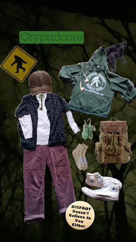 cryptidcore outfit || #cryptid #cryptidcore #outfit #cryptidcoreoutfit #bigfoot #sasquatch #cryptozoology Cryptic Core Outfits, Cryptid Core Outfit, Cute Cryptids, Cryptidcore Aesthetic Outfits, Cryptidcore Outfit, Cryptid Aesthetic, Weirdcore Outfits, Cryptidcore Aesthetic, Will O The Wisp